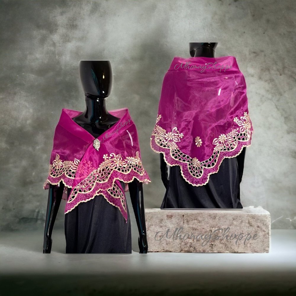 Handmade Filipino Alampay Shawl – Organza Cutwork Embroidery w/ Brooch-Magenta